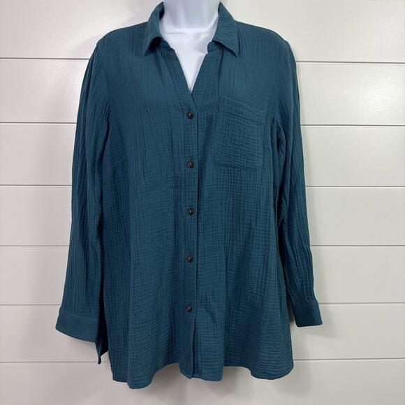 J. Jill Gauze Lightweight Button Front Shirt Teal Blue sz M Petite - Picture 1 of 7